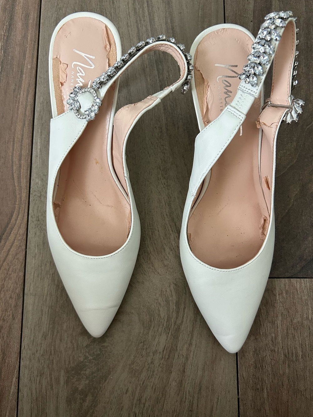 Nanette White Pointed Slingback Heels with Crystal Embellished Strap